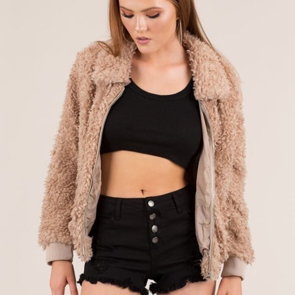 Tan Faux Fur Bomber Jacket - Picture 3 of 5